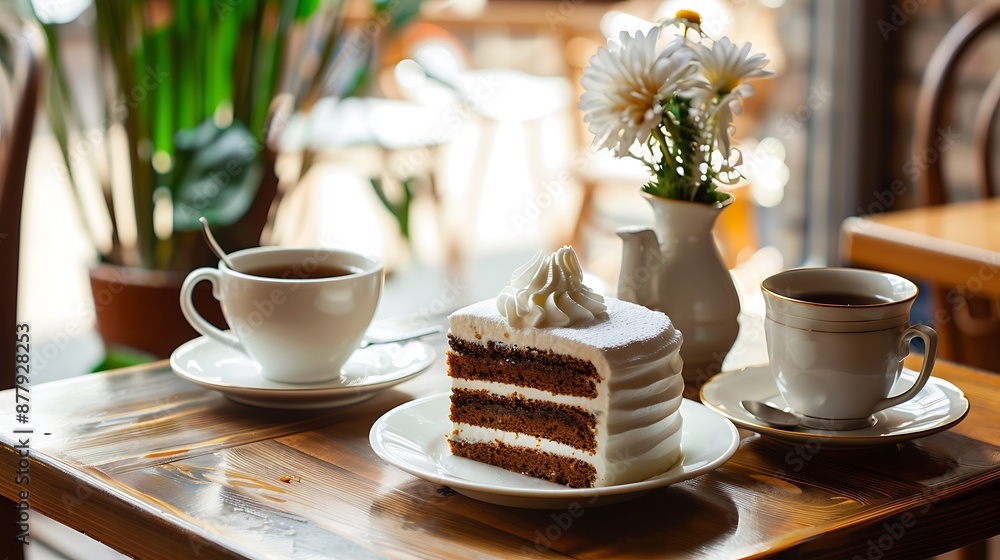 Coffee with Cake and tea set on a table Coffee with Cake and tea set on a table