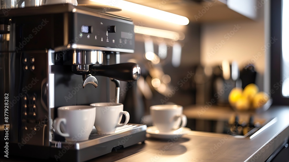 Coffeemaker with two cups in interior of modern kitchen closeup Coffeemaker with two cups in interior of modern kitchen closeup