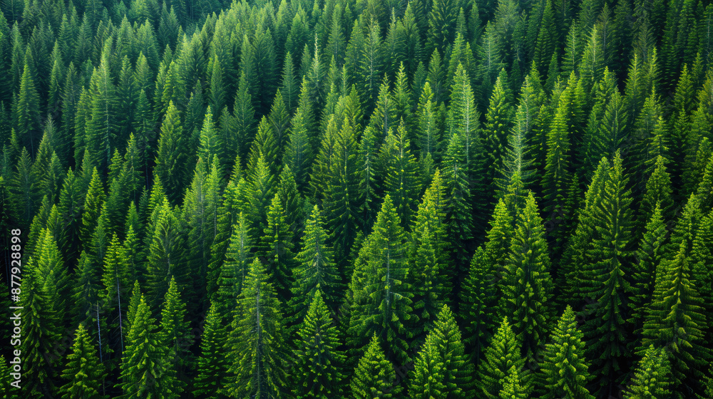 The photo shows a green pine forest from above. The photo shows a green pine forest from above.