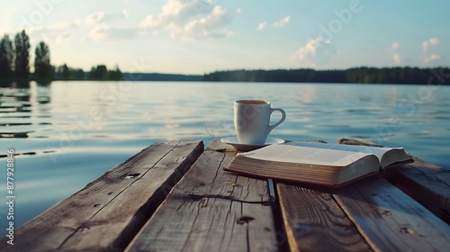 Fototapeta Naklejka Na Ścianę i Meble -  cup of coffee and book on wooden pier on summer lake