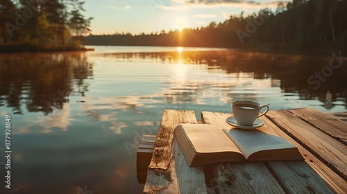 Fototapeta Naklejka Na Ścianę i Meble -  cup of coffee and book on wooden pier on summer lake