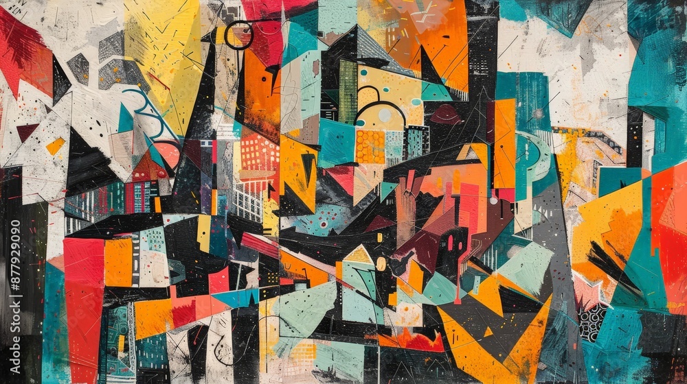 Fototapeta premium An abstract representation of a cityscape, with distorted buildings and streets depicted in bold, angular shapes and bright colors