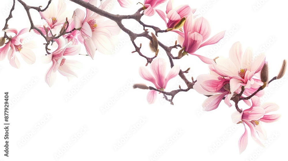Close up of magnolia tree branch with lovely flowers on white backdrop with room for text Close up of magnolia tree branch with lovely flowers on white backdrop with room for text