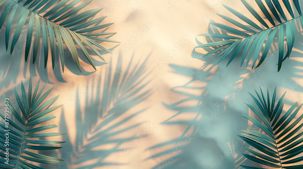 A minimal summer concept flat lay featuring a top view of tropical palm leaf shadows cast on a sand-colored background. A minimal summer concept flat lay featuring a top view of tropical palm leaf shadows cast on a sand-colored background.