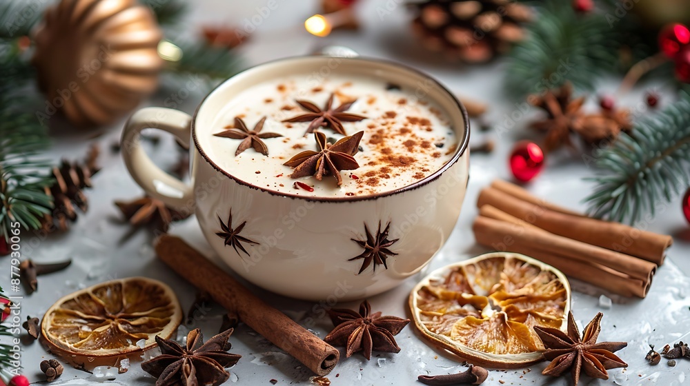 Front view of a hot white cup surrounded by star anise cinnamon sticks dried orange slices and some christmas decoration Front view of a hot white cup surrounded by star anise cinnamon sticks dried orange slices and some christmas decoration