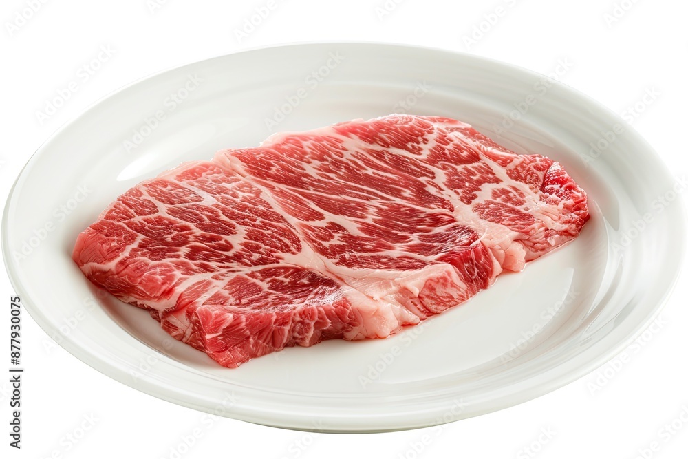 Plate of fresh raw marbled beef steak isolated on white background Plate of fresh raw marbled beef steak isolated on white background