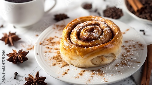 Freshly baked cinnamon roll with spices and cocoa filling and coffee or cappuccino with latte on white plate over white marble background