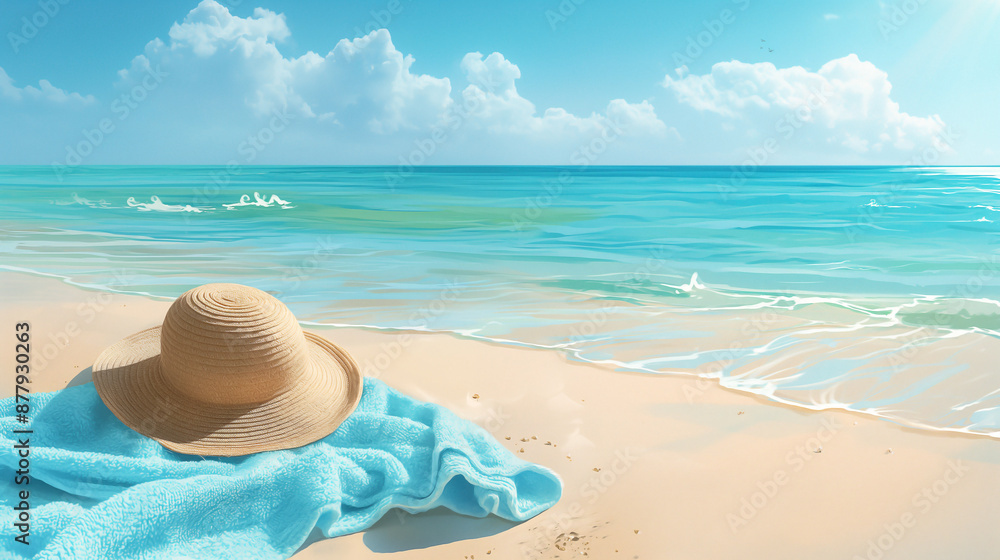 Obraz premium A top view of a white sand beach scene featuring a stylish straw hat
