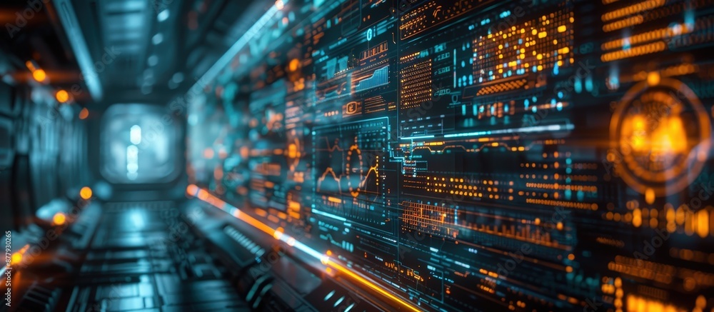 A high-tech sci-fi corridor featuring glowing holographic displays and digital data visualizations, showcasing advanced technology.