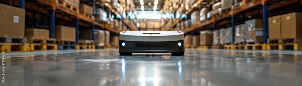 Autonomous robot moving through a warehouse aisle, showcasing advanced logistics and automation in a modern storage facility. Autonomous robot moving through a warehouse aisle, showcasing advanced logistics and automation in a modern storage facility.