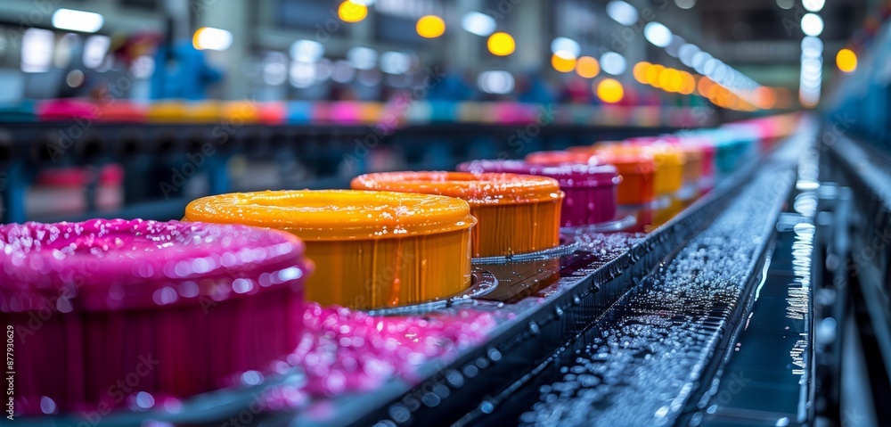 Elegant depiction of automated textile dyeing process, fabric industry, modern machinery, clean production line Elegant depiction of automated textile dyeing process, fabric industry, modern machinery, clean production line