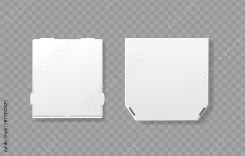 Top And Bottom View Of Blank Pizza Boxes Isolated On Transparent Background. Realistic 3d Vector Mockups