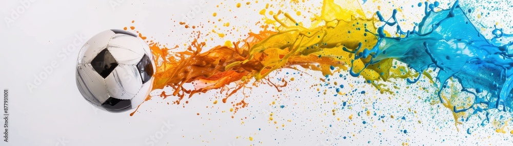 Obraz premium Dynamic soccer ball with exploding colorful paint splash, capturing motion and energy, perfect for sports-themed designs and artistic projects.