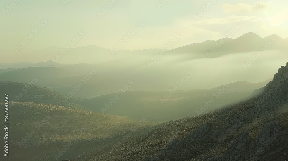 Fototapeta premium Tranquil Sunset Over Hazy Mountain Valley