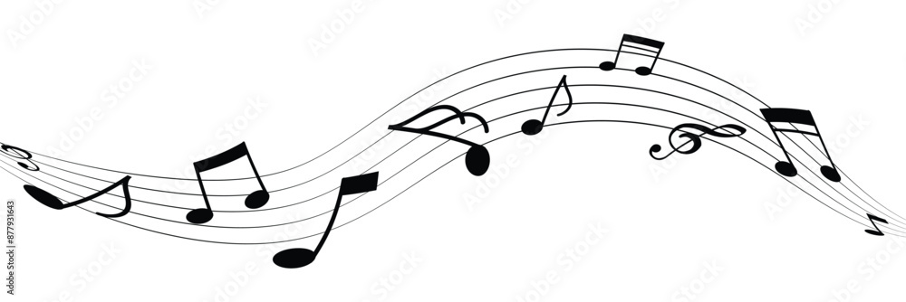 Musical note wave. Music notes melody on white background. Staff treble clef notes musician concept vector isolated on transparent background. Illustration of music sound in eps 10. Musical note wave. Music notes melody on white background. Staff treble clef notes musician concept vector isolated on transparent background. Illustration of music sound in eps 10.
