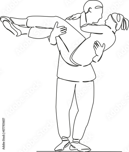 One continuous single drawing line art flat doodle  stretch out, couple, young, woman, love, boyfriend, man, girlfriend, fun. Isolated image hand draw contour on a white background
