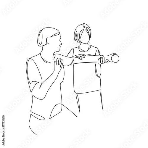 One continuous single drawing line art flat doodle  stretch out, care, woman, exercise, nurse, health, medical, therapy, therapist. Isolated image hand draw contour on a white background
