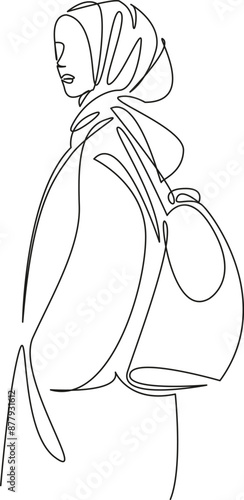 One continuous single drawing line art flat doodle  stretch out, student, muslim, girl, education, hijab, female, university, college. Isolated image hand draw contour on a white background
