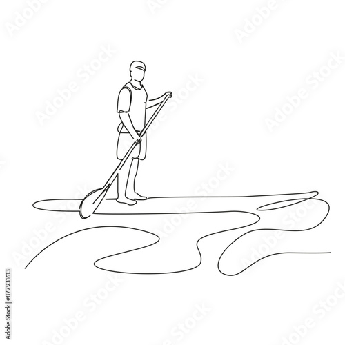 One continuous single drawing line art flat doodle  stretch out, man, travel, board, paddle, sap, nature, water, sport, leisure. Isolated image hand draw contour on a white background

