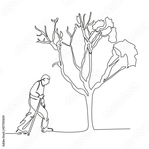 One continuous single drawing line art flat doodle  hand, stretch out, symbol, outdoor, old, man, tree, person, elderly, park, older. Isolated image hand draw contour on a white background
