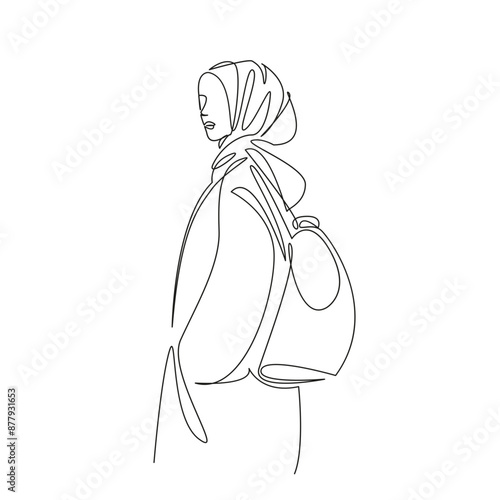 One continuous single drawing line art flat doodle  stretch out, student, muslim, girl, education, hijab, female, university, college. Isolated image hand draw contour on a white background
