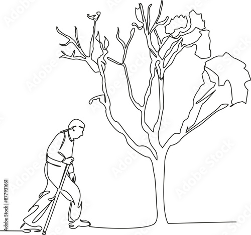 One continuous single drawing line art flat doodle  hand, stretch out, symbol, outdoor, old, man, tree, person, elderly, park, older. Isolated image hand draw contour on a white background
