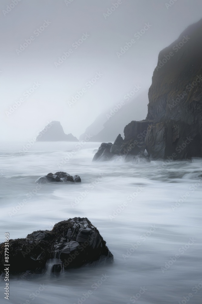 Obraz premium Fog banks rolling in from the sea, their soft and misty formations engulfing the landscape in an eerie and ethereal embrace. Generative AI