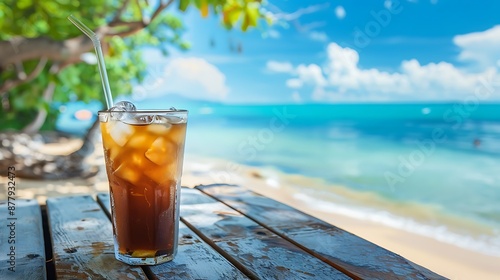 Iced coffee on wooden table on summer beach