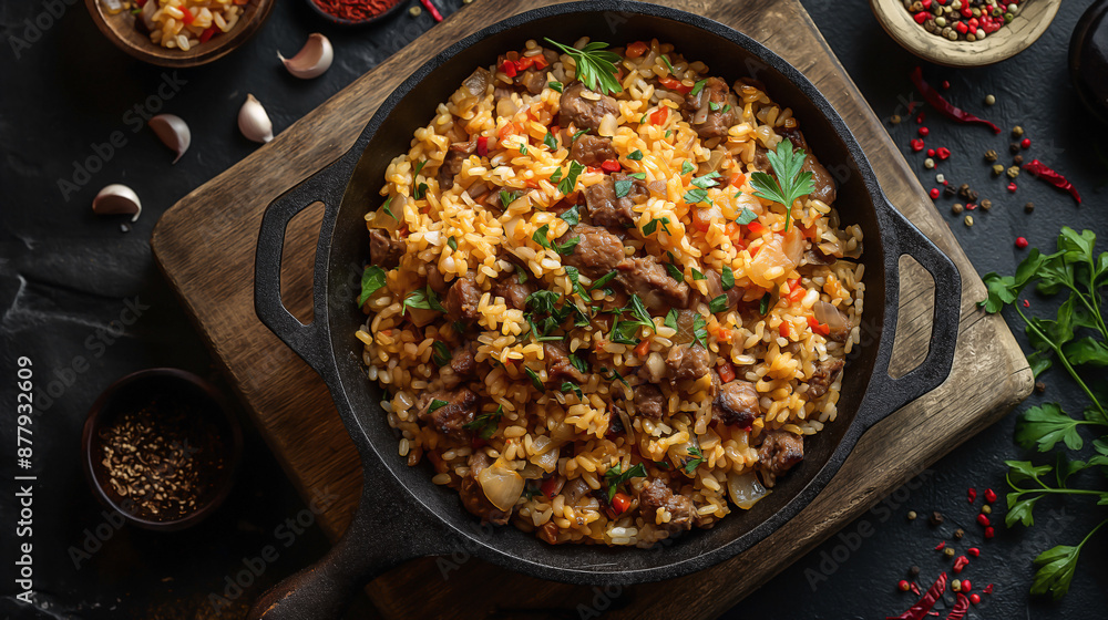 top view image featuring Uzbek pilaf or plov made with meat, presented in a cast iron pan on a rustic wooden board. top view image featuring Uzbek pilaf or plov made with meat, presented in a cast iron pan on a rustic wooden board.