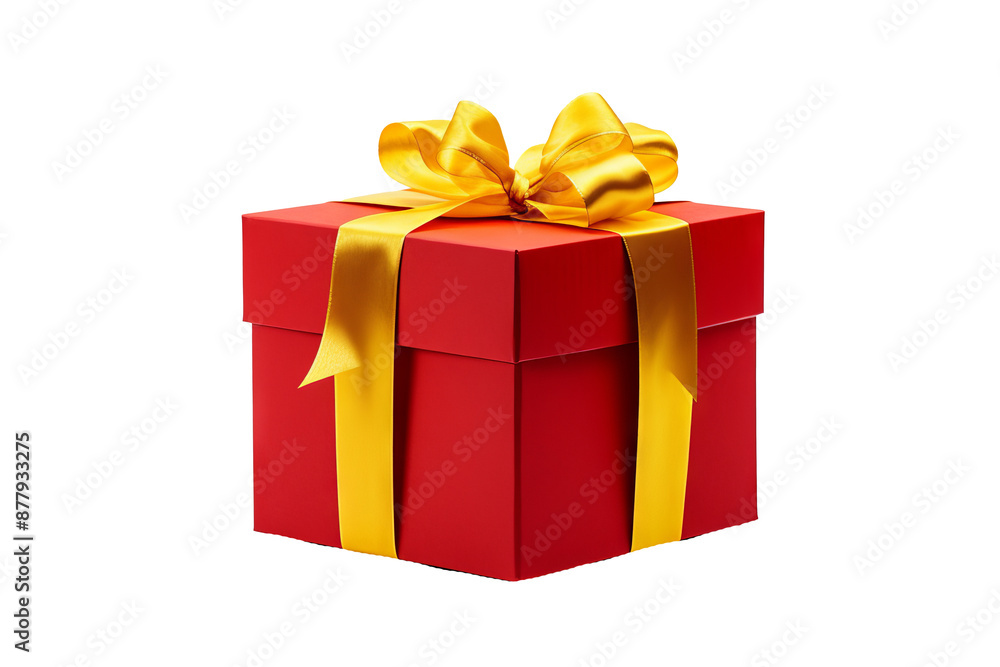 Obraz premium Red gift box with yellow bow and ribbons in top view on transparent PNG background, ideal for holiday celebrations and gift-giving designs