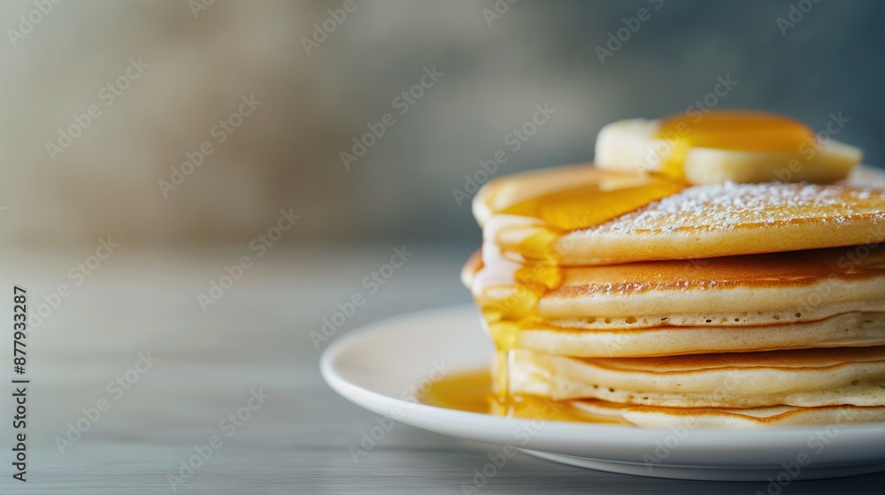 Delicious Stack of Pancakes with Honey Syrup on White Plate, Ideal for Banners, Menus, and Background Designs Delicious Stack of Pancakes with Honey Syrup on White Plate, Ideal for Banners, Menus, and Background Designs