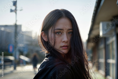 Young woman with long dark hair gazes intently at the camera, standing outdoors in a soft morning light, capturing a serene and contemplative mood in an urban setting © Sachin