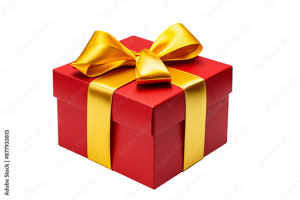Fototapeta premium Red gift box with yellow bow and ribbons in top view on transparent PNG background, ideal for holiday celebrations and gift-giving designs