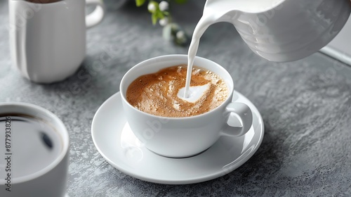 Pouring creamer into a cup of coffee on grey background