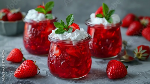 Wallpaper Mural Red jelly with strawberries and cream summer dessert in glass jars green mint leaves Torontodigital.ca
