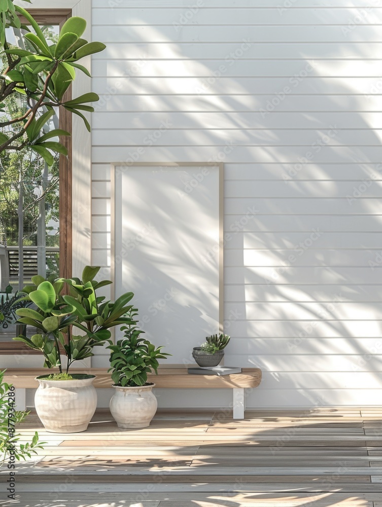 Fototapeta premium A wooden bench sits on the porch of a white house, perfect for outdoor seating or decorative display