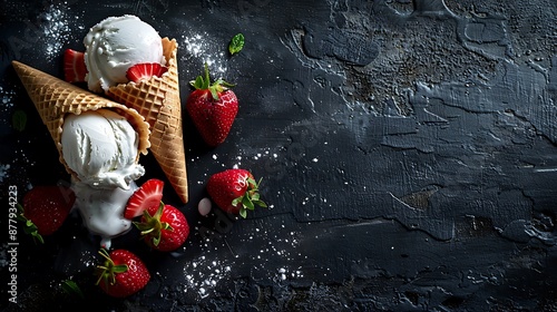 Rolled ice cream with strawberry in cone cup on dark rustic background