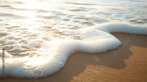 Relaxing beach scene, soft waves gently rolling onto the shore, warm sunlight creating an inviting outdoor atmosphere photo