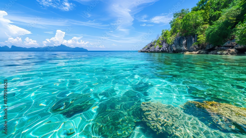 Scenic holiday view of an outdoor paradise, lush greenery and crystal-clear water under a bright sky, inviting and picturesque Scenic holiday view of an outdoor paradise, lush greenery and crystal-clear water under a bright sky, inviting and picturesque