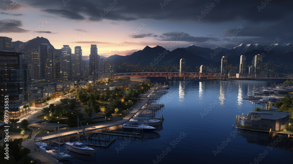 Naklejka premium Urban Twilight: Marina Cityscape Reflections