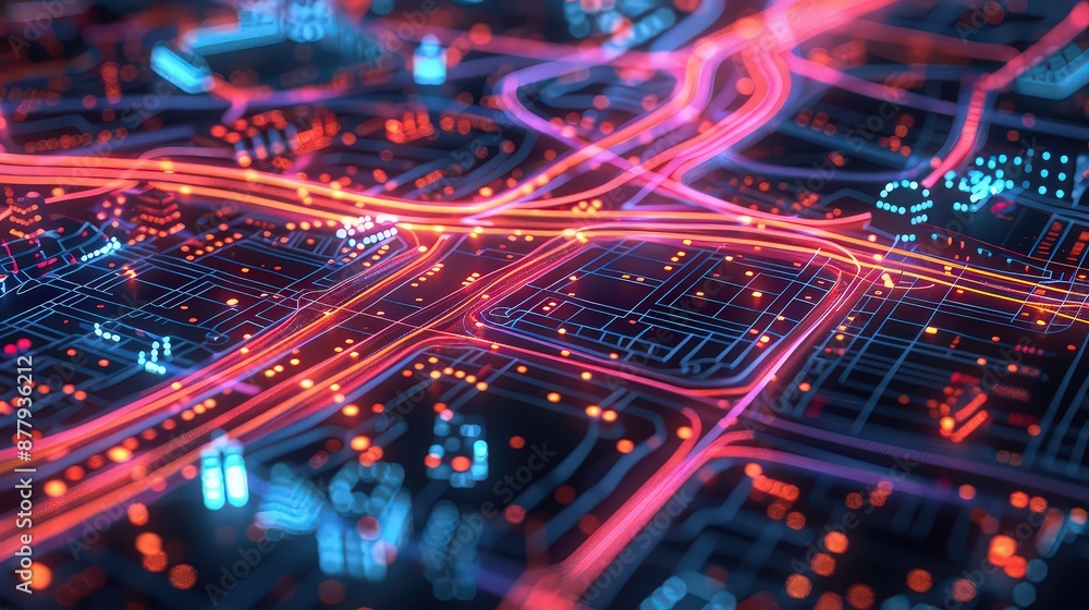Interactive city grid with glowing traffic nodes and dynamic route planning interface. Interactive city grid with glowing traffic nodes and dynamic route planning interface.