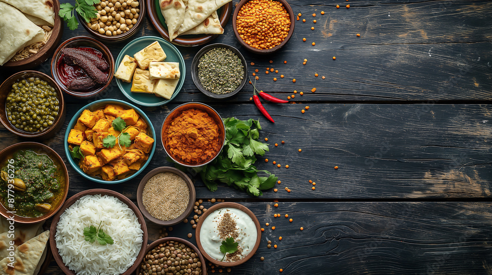 top view scene featuring an assorted Indian food set on a rustic wooden background top view scene featuring an assorted Indian food set on a rustic wooden background