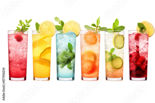 Refreshing summer drinks on transparent background, cool beverage concept, PNG style for summer themes and designs