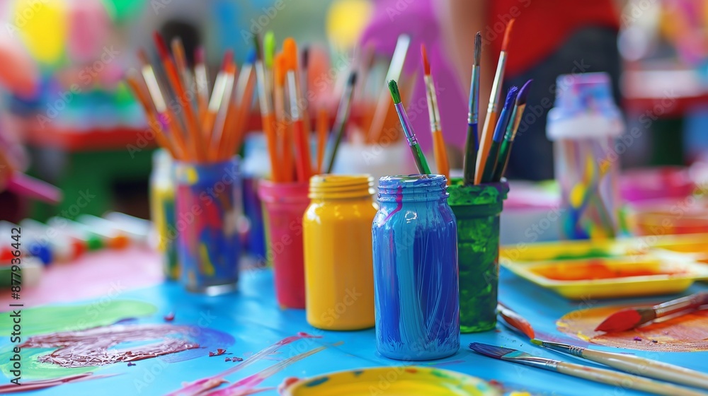 A vibrant and colorful art station filled with paintbrushes, jars of paint, and an array of mixed colors spread across a table, capturing the creative energy of an art classroom in full swing. A vibrant and colorful art station filled with paintbrushes, jars of paint, and an array of mixed colors spread across a table, capturing the creative energy of an art classroom in full swing.