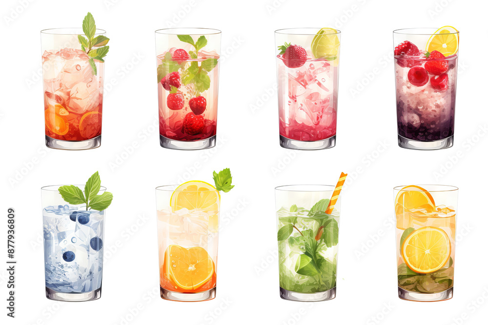 Refreshing summer drinks on transparent background, cool beverage concept, PNG style for summer themes and designs Refreshing summer drinks on transparent background, cool beverage concept, PNG style for summer themes and designs