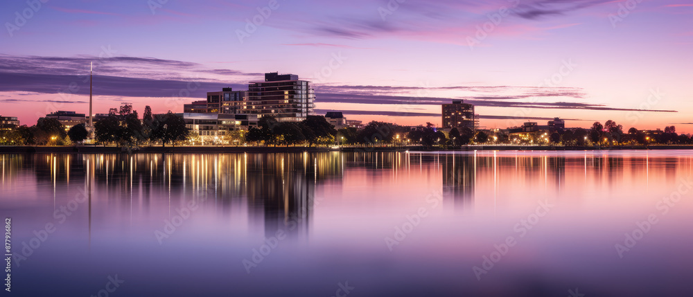 Fototapeta premium Urban Twilight: Reflective Waterfront Serenity