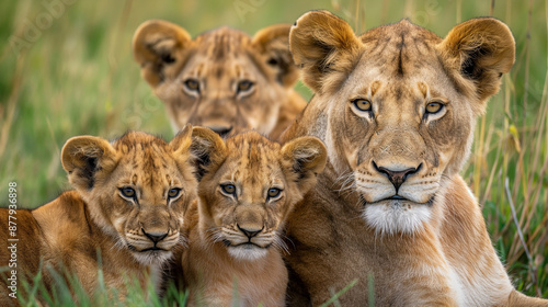 Close up of a lion family, lioness with small lion cubs sit and wait for prey, generative ai