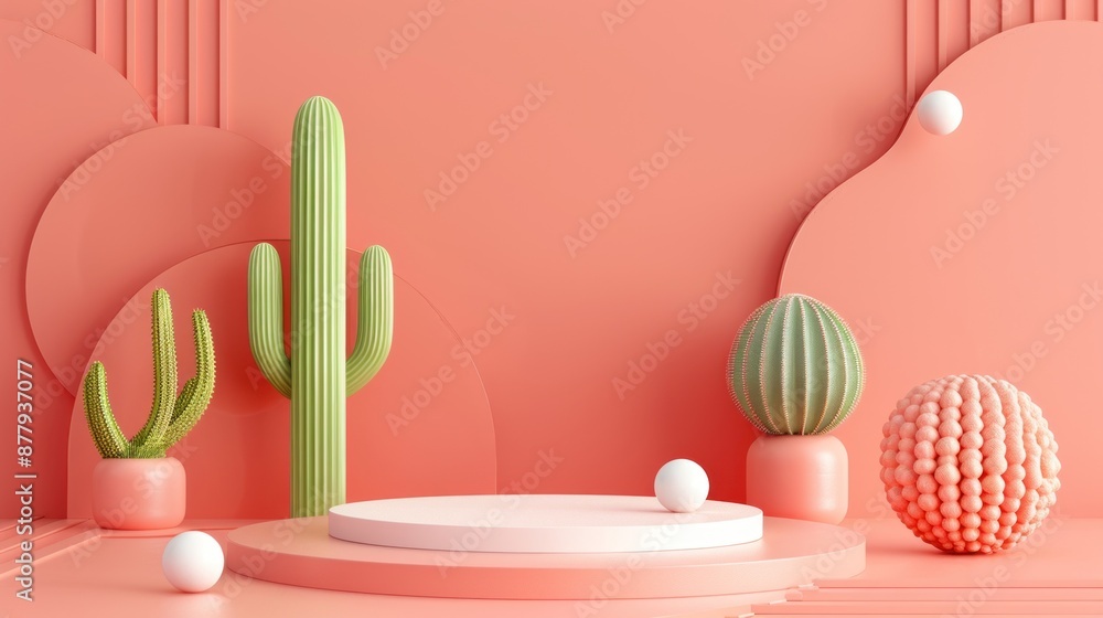 Cactus and Sphere Display on a Pink Background Cactus and Sphere Display on a Pink Background