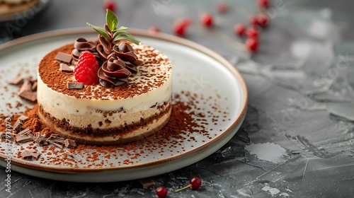 Tiramisu cake with chocolate decoration on a plate grey stone background