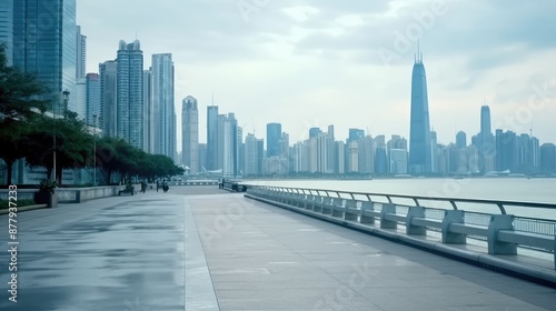 Modern City Skyline With Waterfront Promenade